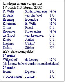 Tekstvak: Uitslagen interne competitie 
19e ronde (10 februari 2000):
R. Wille	- Schleipfenbauer	- 
E. Belle 	- van der Wel	1-0 
Bruning	- Boonstra	- 
Knuiman	- E. Wille	- 
Otten	- Rood	0-1 
Brouwer	- Koeweiden	-
de Groot	- van Leeuwen	0-1
Krebs	- Arins	0-1 
Legierse	- Uithof	0-1
Dolati	- Stibbe	???
ASV-Bekercompetitie:
1e ronde
Wilgenhof	- de Leeuw	- (de Leeuw bekert verder na snelschaken)
2e ronde:
Homs	- Dijkers	1-0
v. Roosmalen	- Jurrius	1-0
